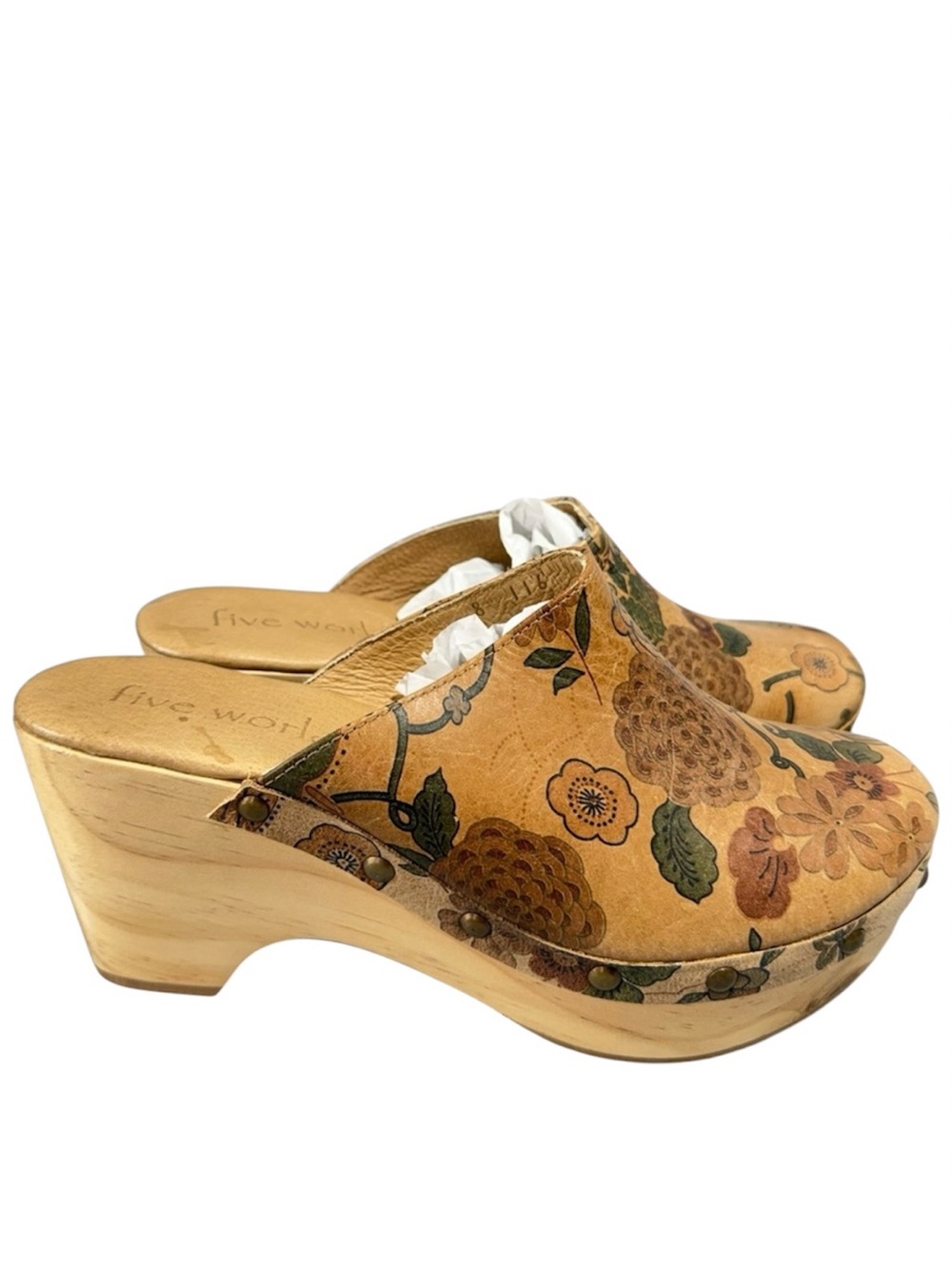 Sundance FIVE WORLDS Corianne Floral Tan Leather Wooden Heel Clogs